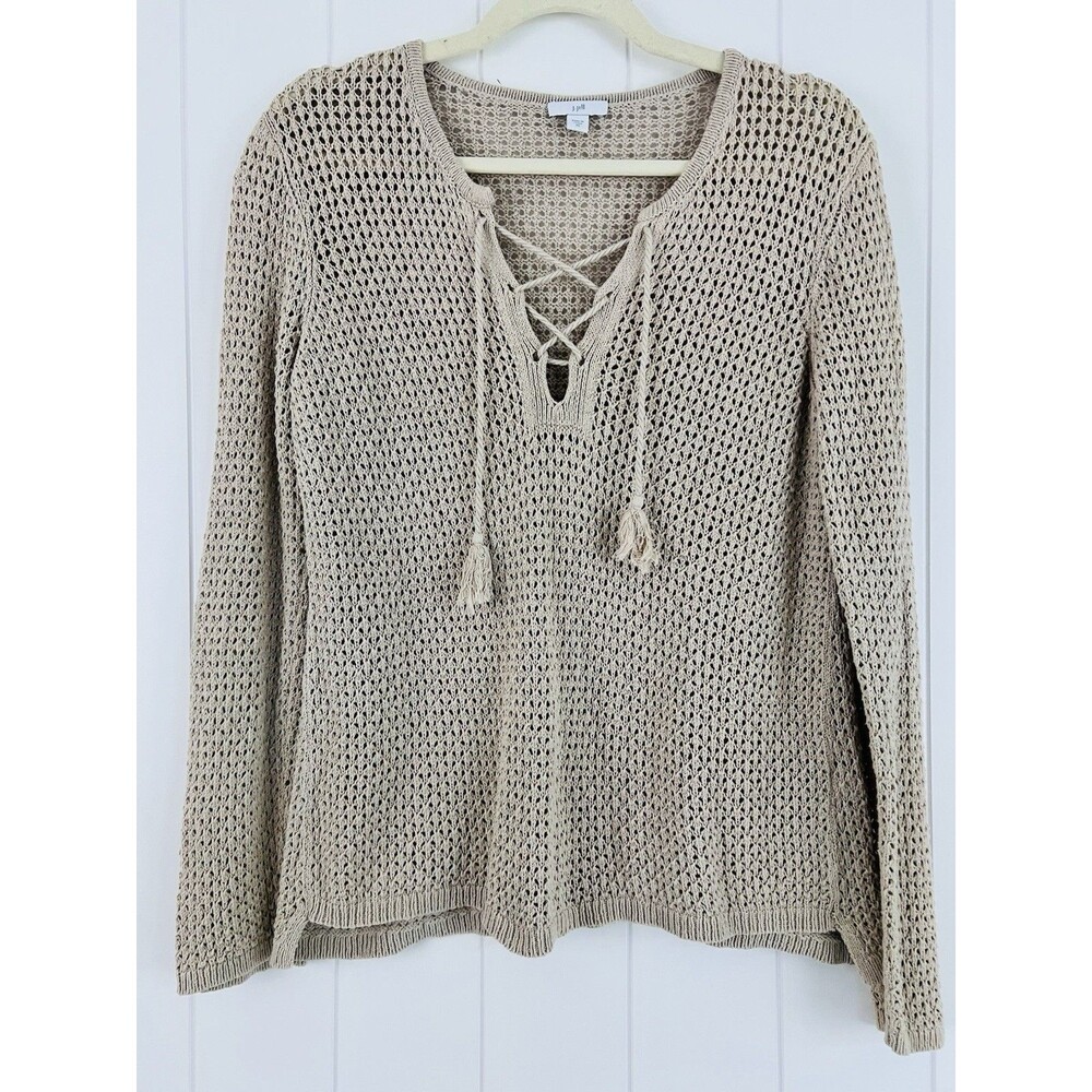 J Jill Tan Beige Open Knit 100% Cotton Blouse Beachy Coastal Lagenlook Resort XS